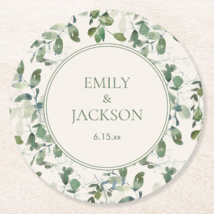 Posavasos Redondo De Papel Boda de crema con hojas de eucalipto verde salvia