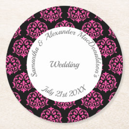 Posavasos Redondo De Papel Boda de damasco negro y rosa de Fuchsia