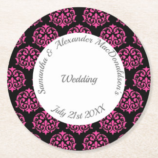 Posavasos Redondo De Papel Boda de damasco negro y rosa de Fuchsia