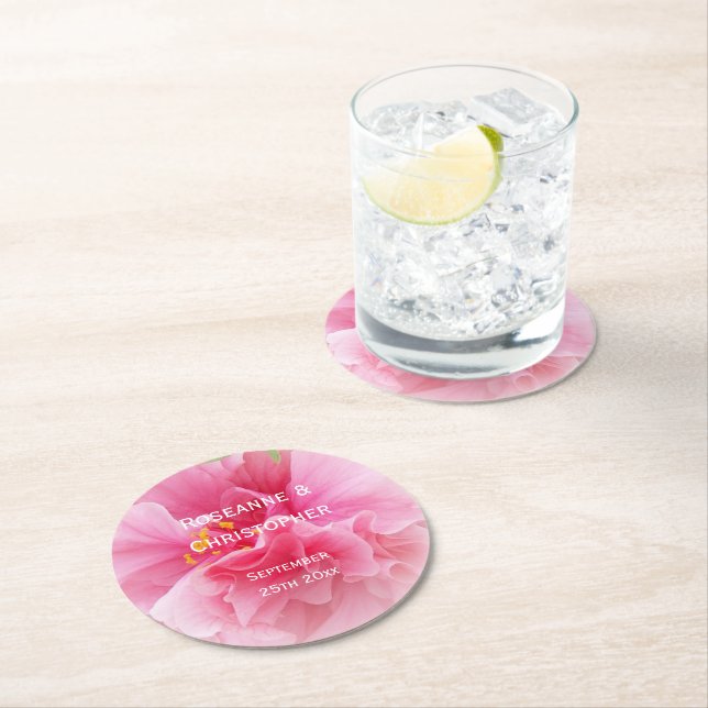 Posavasos Redondo De Papel Boda de diseño floral rosa (In situ)