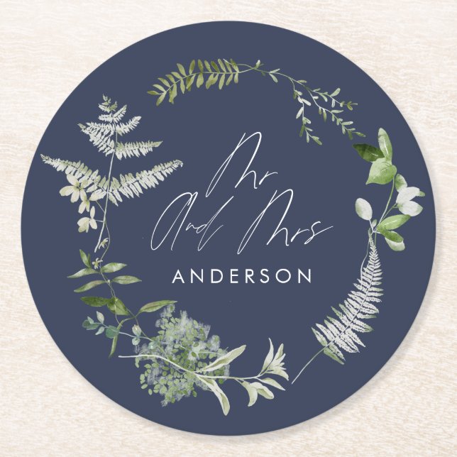 Posavasos Redondo De Papel Boda de escritura botánica moderna azul marino (Anverso)