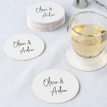 Posavasos Redondo De Papel Boda de escritura manuscrita moderna en blanco y n<br><div class="desc">Diseñado para coincidir con nuestras invitaciones de boda manuscritas modernas. Un hermoso diseño basado en tipografía con un toque minimalista,  con sus nombres en escritura moderna manuscrita negra de ceniza.</div>