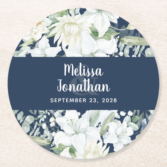 Posavasos Redondo De Papel Boda de flores blancas florales y románticas acuar (Anverso)