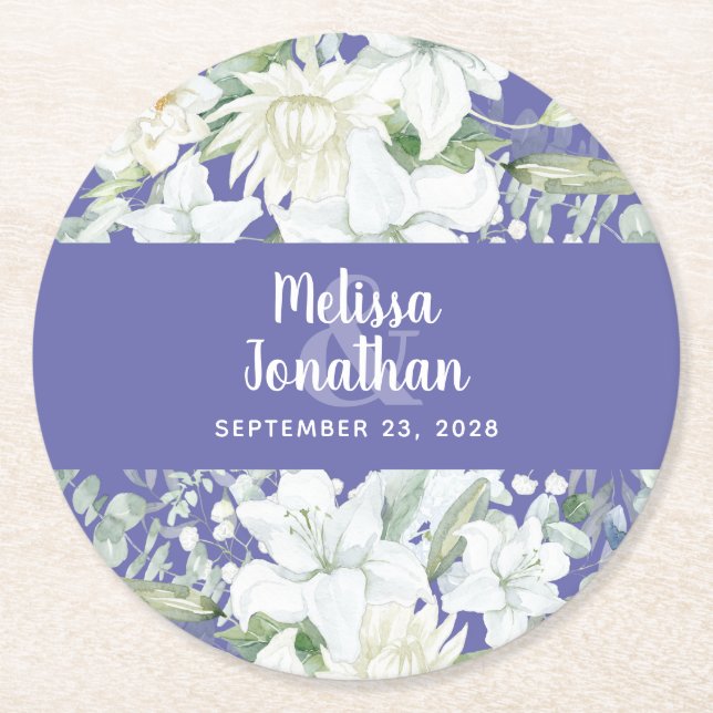 Posavasos Redondo De Papel Boda de flores blancas florales y románticas acuar (Anverso)