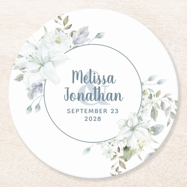 Posavasos Redondo De Papel Boda de flores blancas florales y románticas acuar (Anverso)