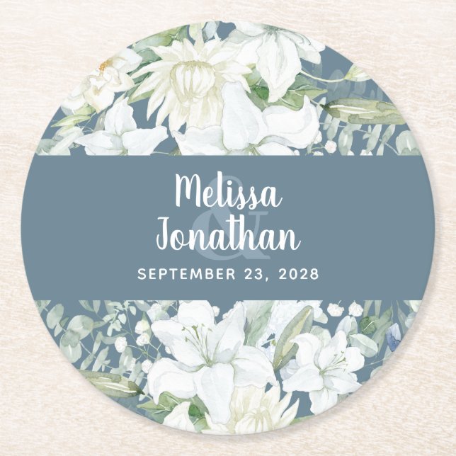 Posavasos Redondo De Papel Boda de flores blancas florales y románticas acuar (Anverso)