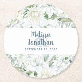 Posavasos Redondo De Papel Boda de flores blancas florales y románticas acuar