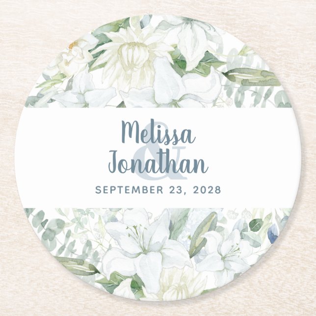 Posavasos Redondo De Papel Boda de flores blancas florales y románticas acuar (Anverso)