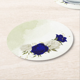 Posavasos Redondo De Papel boda de flores blancas y azul real con vegetación