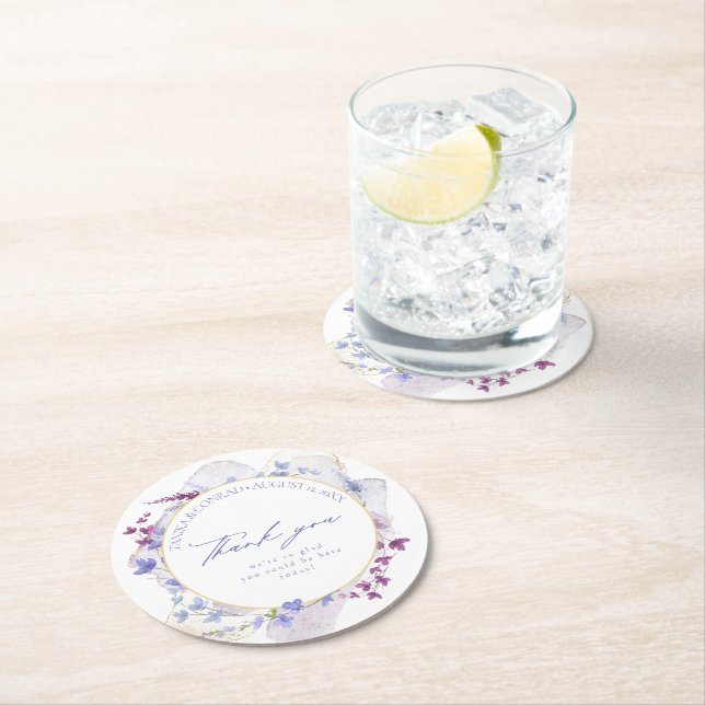 Posavasos Redondo De Papel Boda de flores silvestres acuarela Gracias Peri ID (In situ)