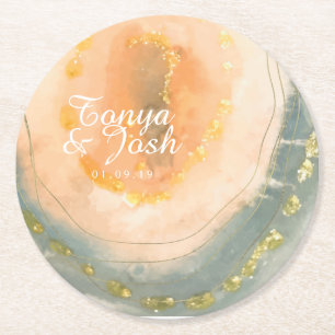Posavasos Redondo De Papel Boda de Geodas de Coral de Ágata Acuarela