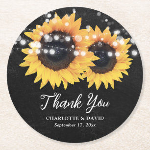 Posavasos Redondo De Papel Boda de girasol de pizarra negra gracias
