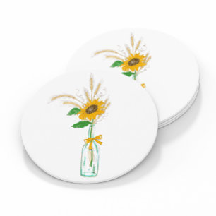 Posavasos Redondo De Papel Boda de girasoles amarillos florales campestres el