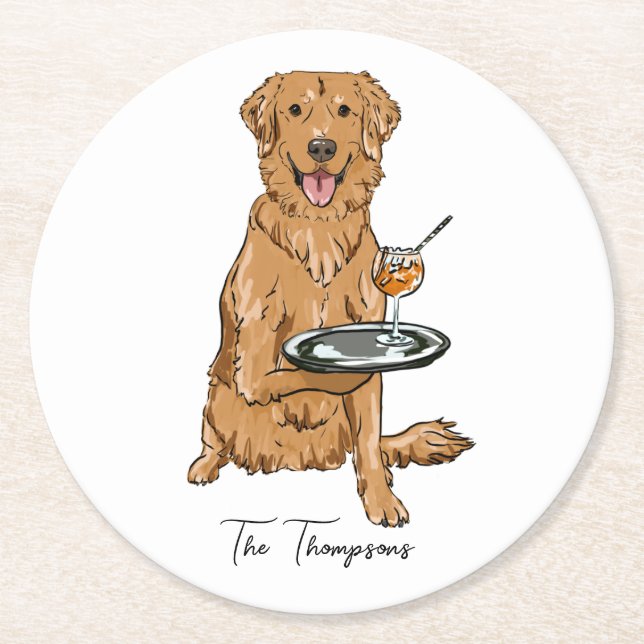 Posavasos Redondo De Papel Boda de Golden Retriever (Anverso)