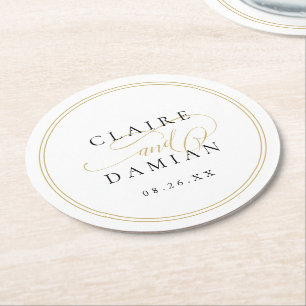Posavasos Redondo De Papel Boda de guiones románticos de color negro dorado s