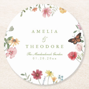 Posavasos Redondo De Papel Boda de Jardín de Flores Silvestres
