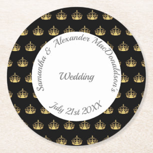 Posavasos Redondo De Papel Boda de la corona negra y dorada