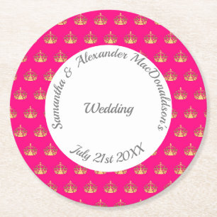 Posavasos Redondo De Papel Boda de la corona rosa y dorado brillante