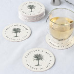 Posavasos Redondo De Papel Boda de La Habana Palm<br><div class="desc">Las catas de moda de la isla son un complemento perfecto para su playa, isla tropical, Hawái o boda de destino. El diseño presenta sus nombres y fecha de boda en gris carbón vegetal, rodeando un ilustracion de palmera de estilo vintage en el centro. Diseñado para coordinar con nuestra colección...</div>