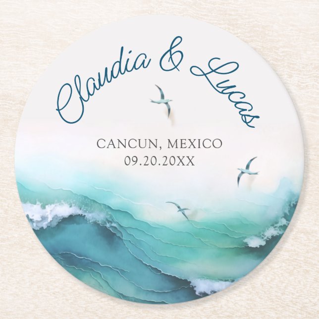 Posavasos Redondo De Papel Boda de las olas del océano playa (Anverso)