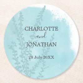 Posavasos Redondo De Papel Boda de lavado de acuarela azul acuático