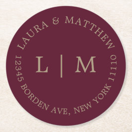 Posavasos Redondo De Papel Boda de Monograma de Borgoña