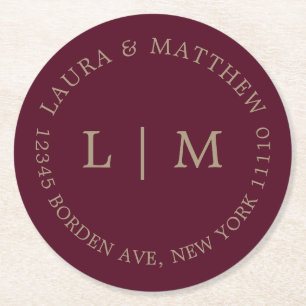 Posavasos Redondo De Papel Boda de Monograma de Borgoña