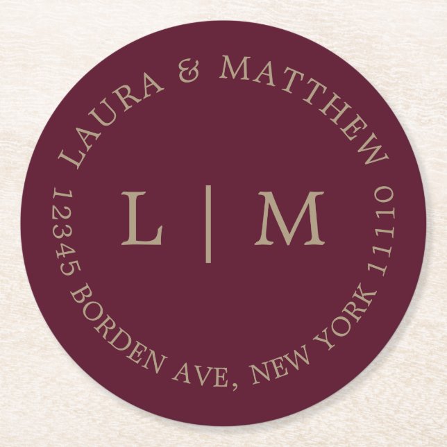 Posavasos Redondo De Papel Boda de Monograma de Borgoña (Anverso)
