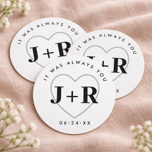 Posavasos Redondo De Papel Boda de Monograma del Corazón Siempre Tuyo