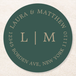 Posavasos Redondo De Papel Boda de Monograma Verde Esmeralda