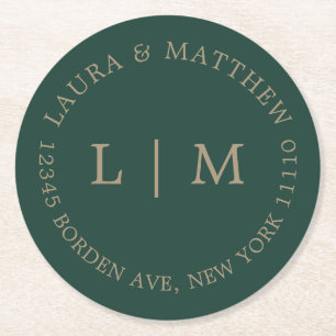 Posavasos Redondo De Papel Boda de Monograma Verde Esmeralda