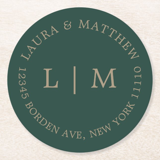 Posavasos Redondo De Papel Boda de Monograma Verde Esmeralda (Anverso)