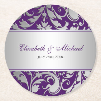 Posavasos Redondo De Papel Boda de muelles de Damasco morado y plateado