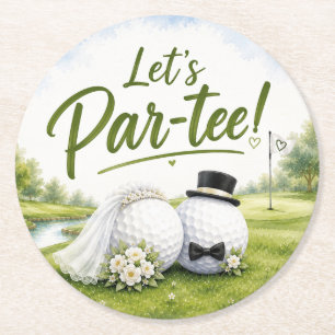 Posavasos Redondo De Papel Boda de novia y novio de Golf Let's Par tee