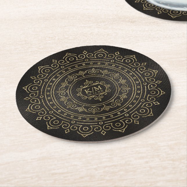 Posavasos Redondo De Papel Boda de oro filigrí fina Mandala ID871 (En perspectiva)