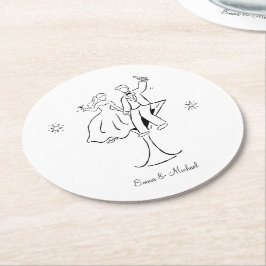 Posavasos Redondo De Papel Boda de pareja caprichosa dibujada a mano Compromi
