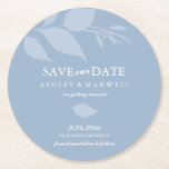 Posavasos Redondo De Papel Boda De Pascua Salvar La Fecha Azul<br><div class="desc">Anuncie su compromiso con este moderno guardar la fecha en un formato de montaña rusa único. Este diseño presenta una vegetación minimalista en azul claro. Utilice los campos de plantilla para editar con los detalles de su boda en blanco sobre un fondo azul polvoriento. Cambie los colores de las hojas,...</div>