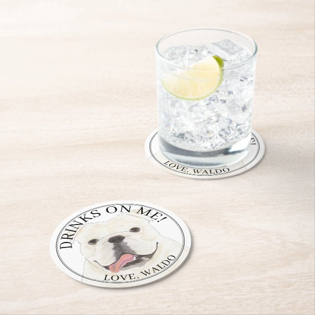 Posavasos Redondo De Papel Boda de perro Bulldog en inglés blanco personaliza (In situ)
