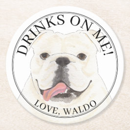 Posavasos Redondo De Papel Boda de perro Bulldog en inglés blanco personaliza
