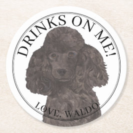 Posavasos Redondo De Papel Boda de perro caniche negro personalizado