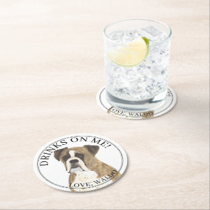 Posavasos Redondo De Papel Boda de perro de Brindle Boxer personalizado