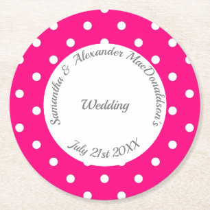 Posavasos Redondo De Papel Boda de polkadot rosa y blanco brillante
