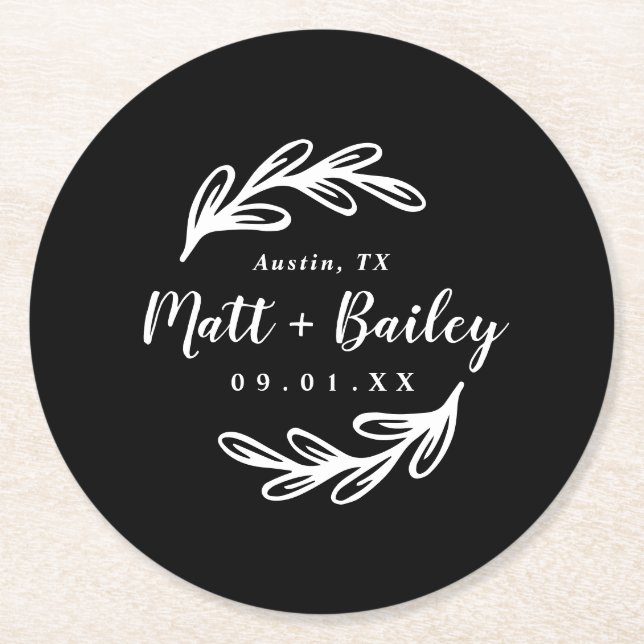 Posavasos Redondo De Papel Boda de ramas negrita Monograma Papel Redondo (Anverso)