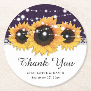 Posavasos Redondo De Papel Boda del girasol Rusple Purple Burlap