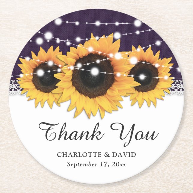 Posavasos Redondo De Papel Boda del girasol Rusple Purple Burlap (Anverso)