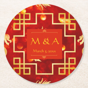 Posavasos Redondo De Papel Boda Dragón Rojo y Oro