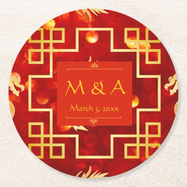 Posavasos Redondo De Papel Boda Dragón Rojo y Oro (Anverso)
