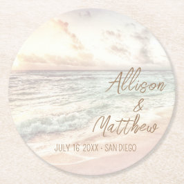 Posavasos Redondo De Papel Boda en la playa al atardecer