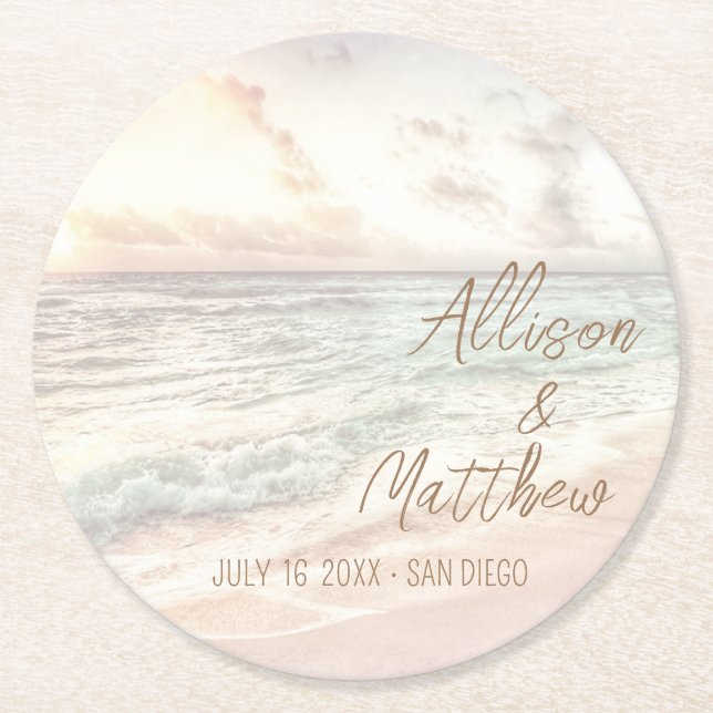 Posavasos Redondo De Papel Boda en la playa al atardecer (Anverso)