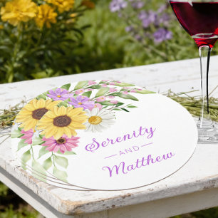 Posavasos Redondo De Papel Boda Floral Acuarela de Girasol Margarita Primaver
